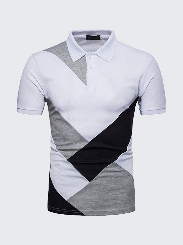 

Mens Stylish Hit Color Patchwork Golf Shirt Breathable Cotton Slim Fit Business Casual Tops, White;black;gray