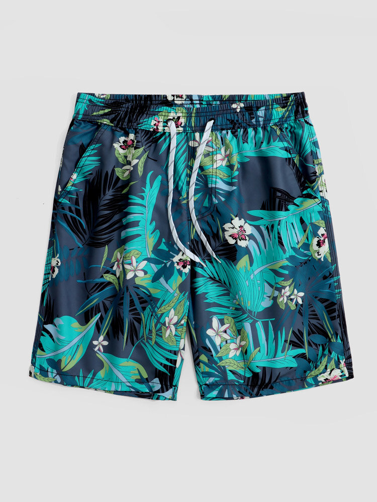 Men Tropical Plants Pattern Magics Straps Water Resistant Mid Length Soft Board Shorts