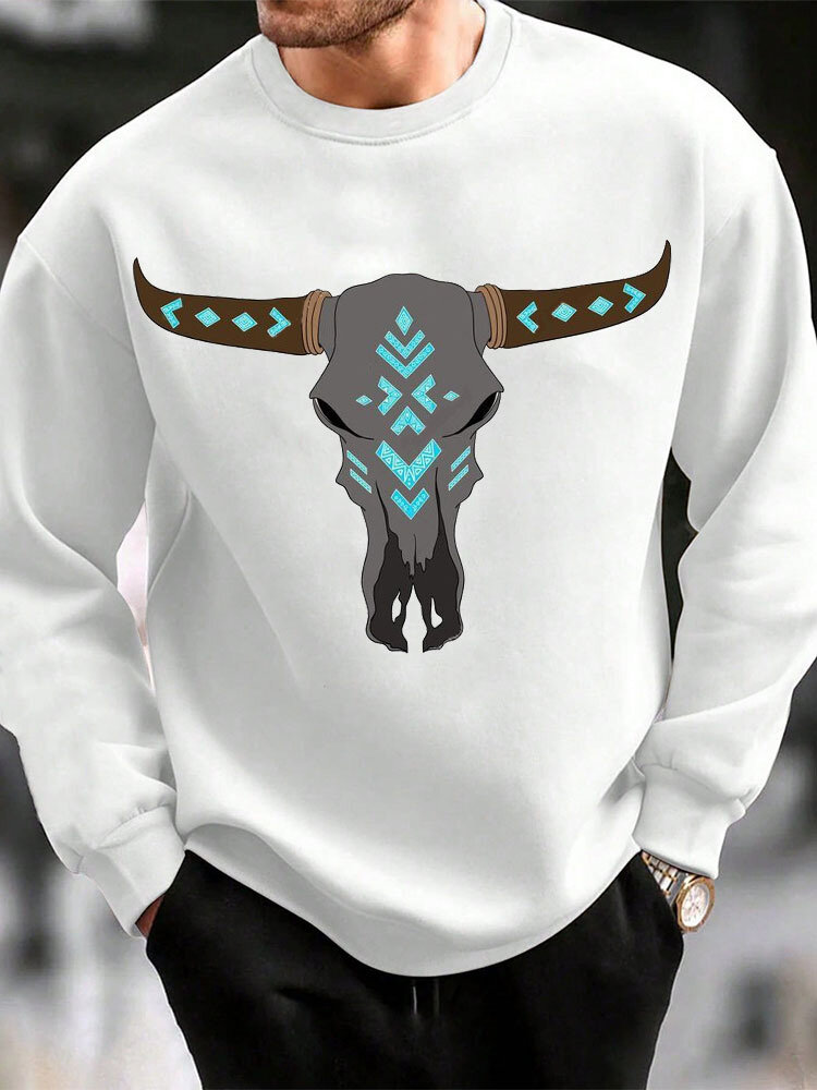 Mens Ethnic Geometric Cow Head Graphic Crew Neck Pullover Sweatshirts Winter
