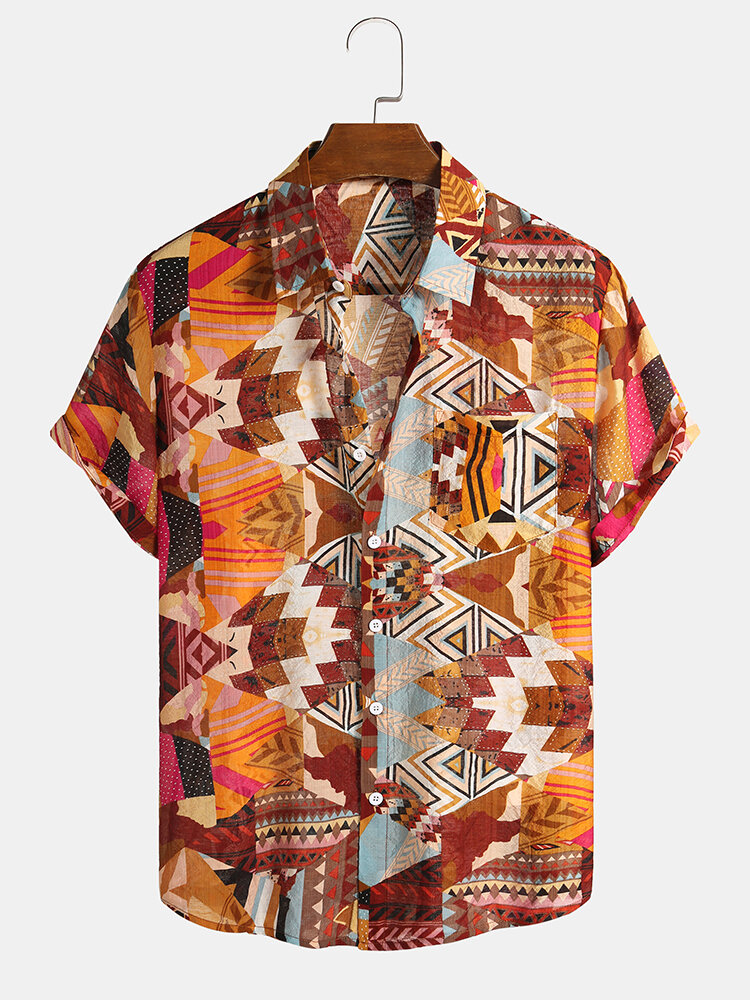 Mens Colorful Geometric Print Ethnic Style Short Sleeve Shirts