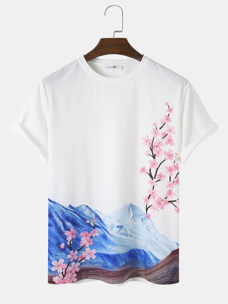 Mens Cherry Blossom Snow Mountain Print Japanese Style T-Shirt