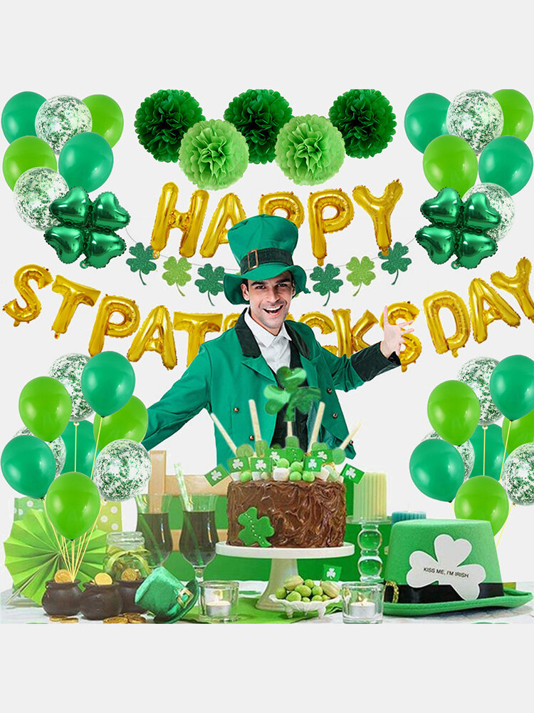 

70 PCS Irish Party Event Decor Set Happy St. Patrick's Day Green Clover Letter Latex Balloon Confetti Home Garden Indoor, Gold;silver;red