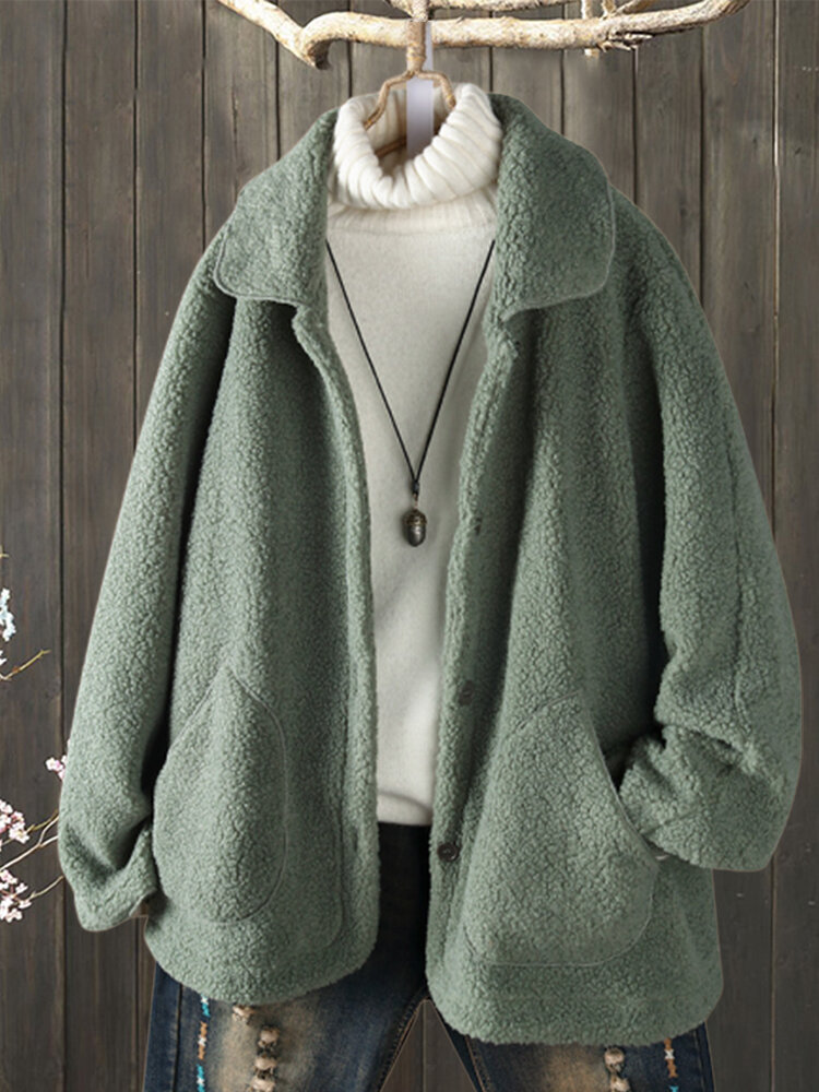 Флисовое повседневное однотонное пальто с отворотами, размер Plus, с карманами