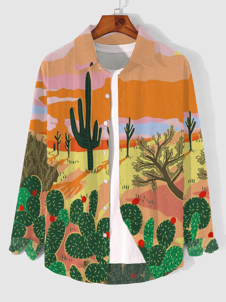 Mens Allover Cactus Landscape Print Lapel Long Sleeve Shirts Winter