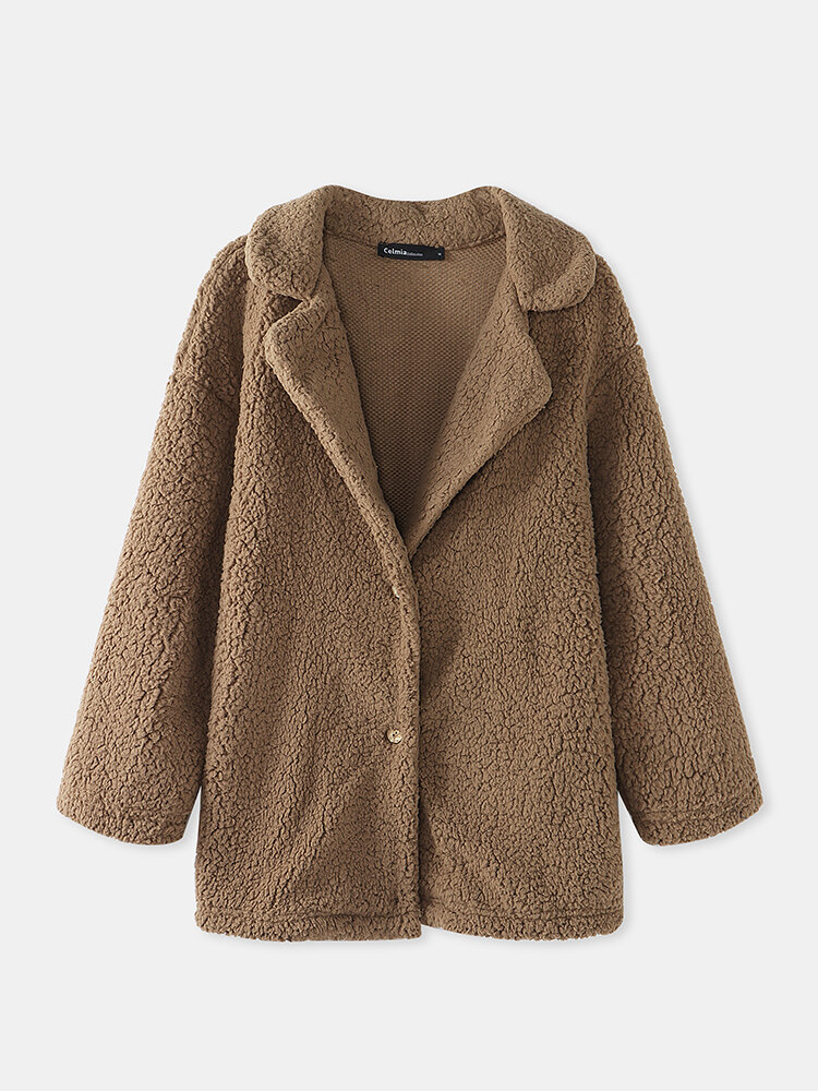 Fleece Lapel Long Sleeve Button Plus Size Short Coat for Women