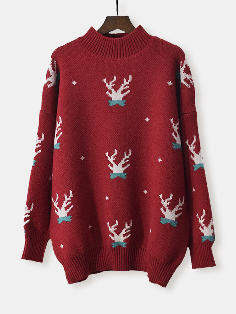 Christmas Printed High Neck Knitting Thick Pullover Sweater For Women