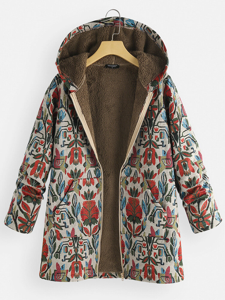Vintage Printed Plush Zipper Hooded Coat With Pocket