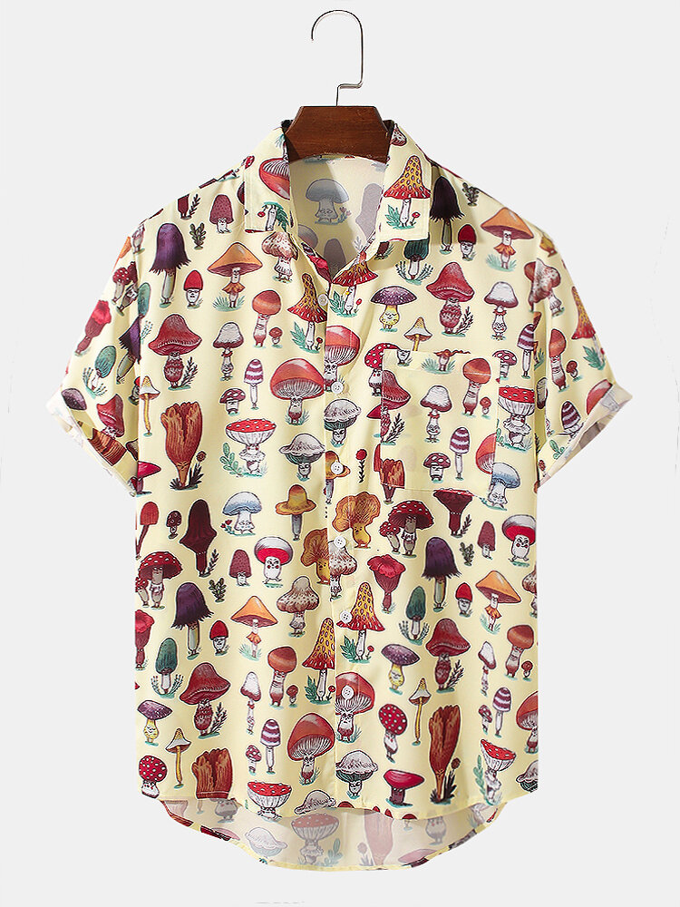 Mens All Over Funny Mushroom Print Lapel Casual Short Sleeve Shirts