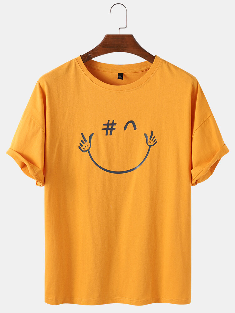 Mens Cotton Funny Emojis Print Breathable Loose Round Neck T-Shirts