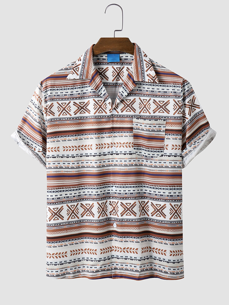 Mens Tribal Geometric Print Revere Collar Ethnic Style Short Sleeve Shirts