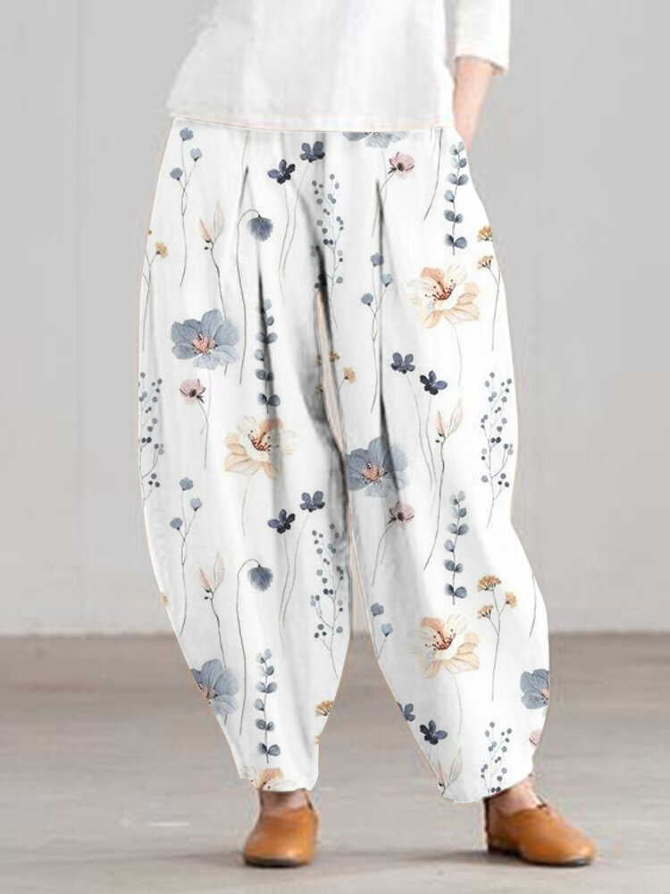 

Women Floral Plant Print Vacation Harem Pants With Pocket, White