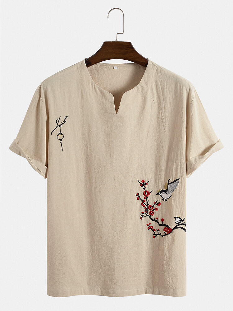 Designer Mens 100% Cotton Breathable Bird Embroidery Notch Neck Chinese Style T-Shirts