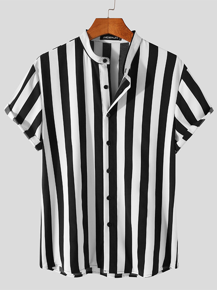 Men Vintage Stand up collar Short Sleeve Striped Shirt