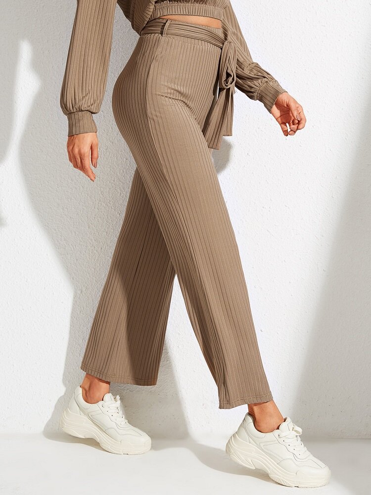 Solid Color Plain Pleated Knotted High Waist Loose Casual Pants