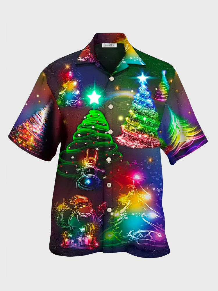 Mens Ombre Christmas Tree Print Lapel Short Sleeve Shirts