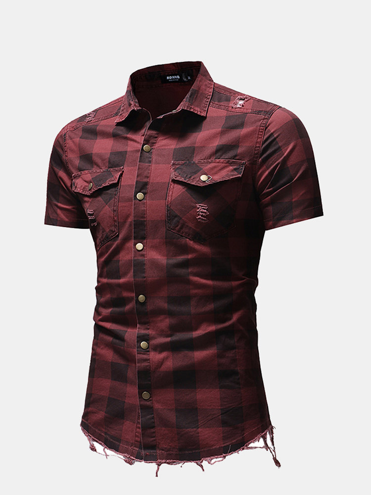 

Casual Ripped Plaid Pocket Short Sleeve Burr Designer Shirts For Men, Red;army green