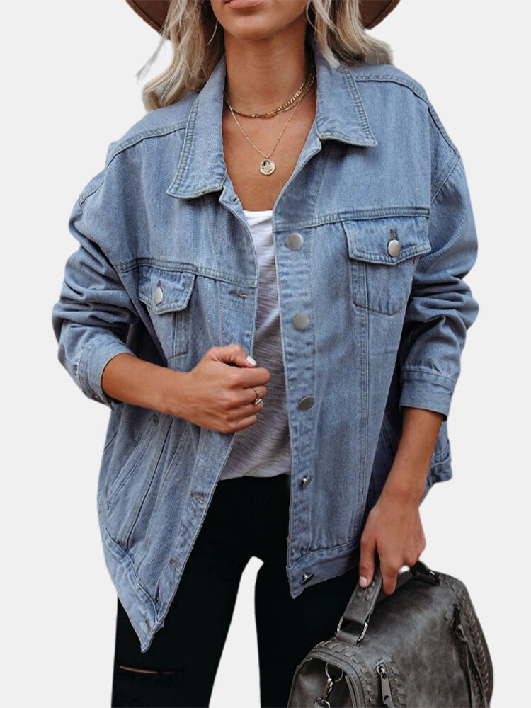 Casual Solid Color Pockets Plus Size Demin Jackets