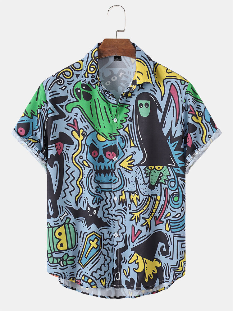 Mens Funny Ghost Print Halloween Button Up Short Sleeve Shirts