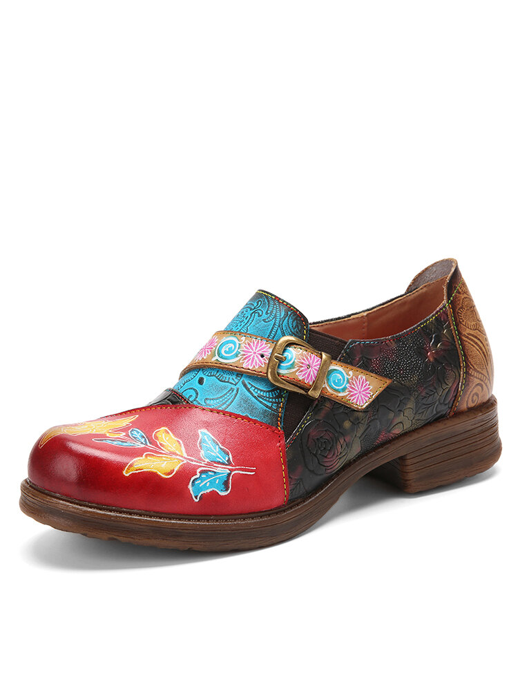 Socofy Genuine Leather Buckle Decor Side-zip Casual Retro Floral Colorblock Comfy Low Heel Shoes