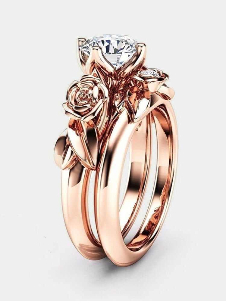 2 Pcs/Set Trendy Luxury Inlaid Rhinestone 3D Flower Double-layer Circle Geometric-shaped Alloy Wedding Ring