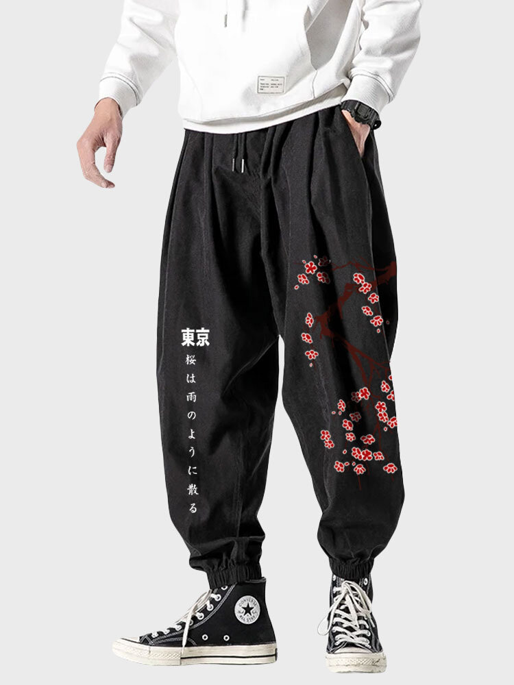 

Mens Japanese Cherry Blossoms Print Drawstring Waist Pants, Black