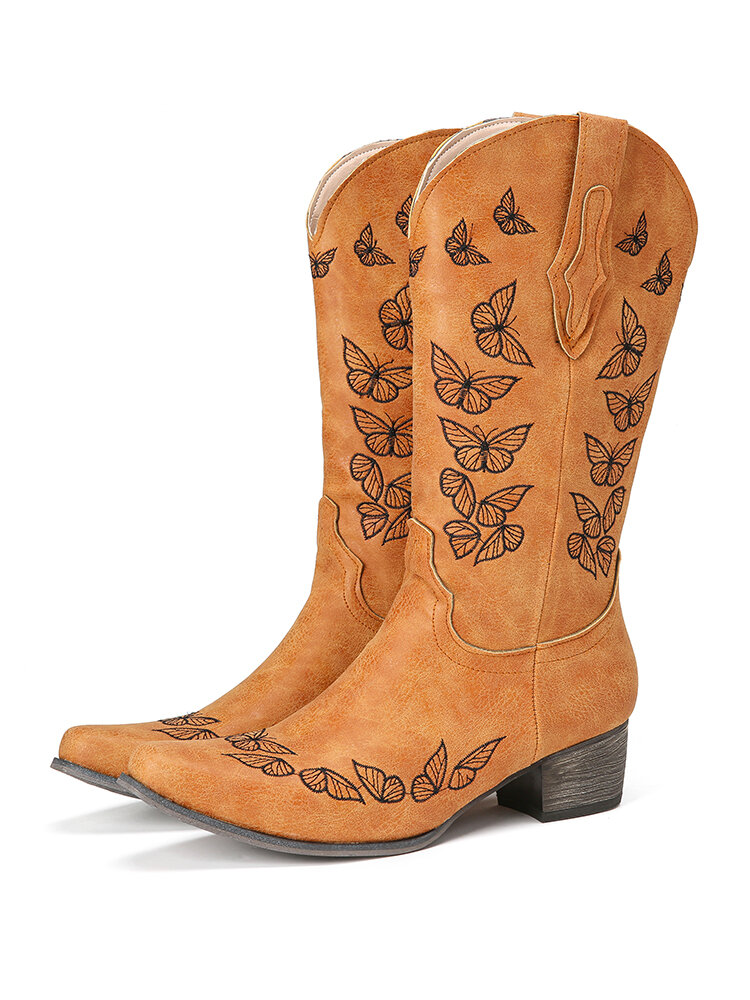 Large Size Women Butterfly Decor Pointed Toe Mid Calf Cowboy Boots