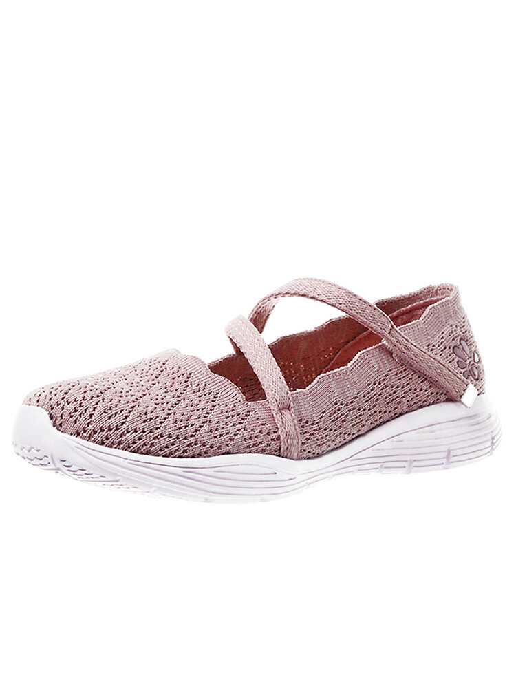 Women Breathable Knitted Fabric Elastic Strap Hook Loop Casual Walking Shoes