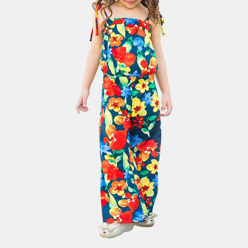 Girl's Colorful Floral Print Sleeveless Casual Jumpsuit For 3-10Y