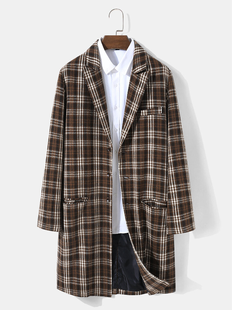Mens Tartan Lapel Button Up Casual Mid-Length Overcoats With Pocket