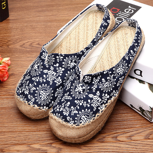 Dargon Flower Print Flax Open Heel Color Match National Wind Slip On Flat Shoes