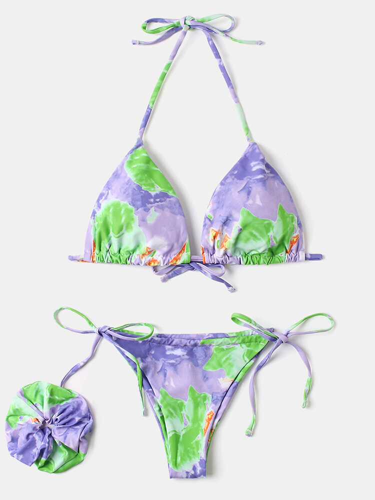 Women Tie Dye String Halter Backless Micro Bikinis Beachwear With Scrunchie