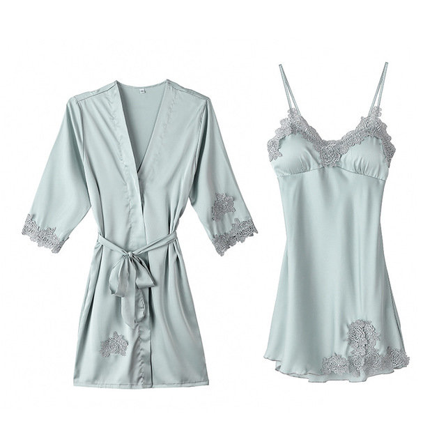 New With Chest Pad Ice Silk Pajamas Two Sets Of Women's Season Thin Section Deep V Sexy Lace Strap Robe Suit