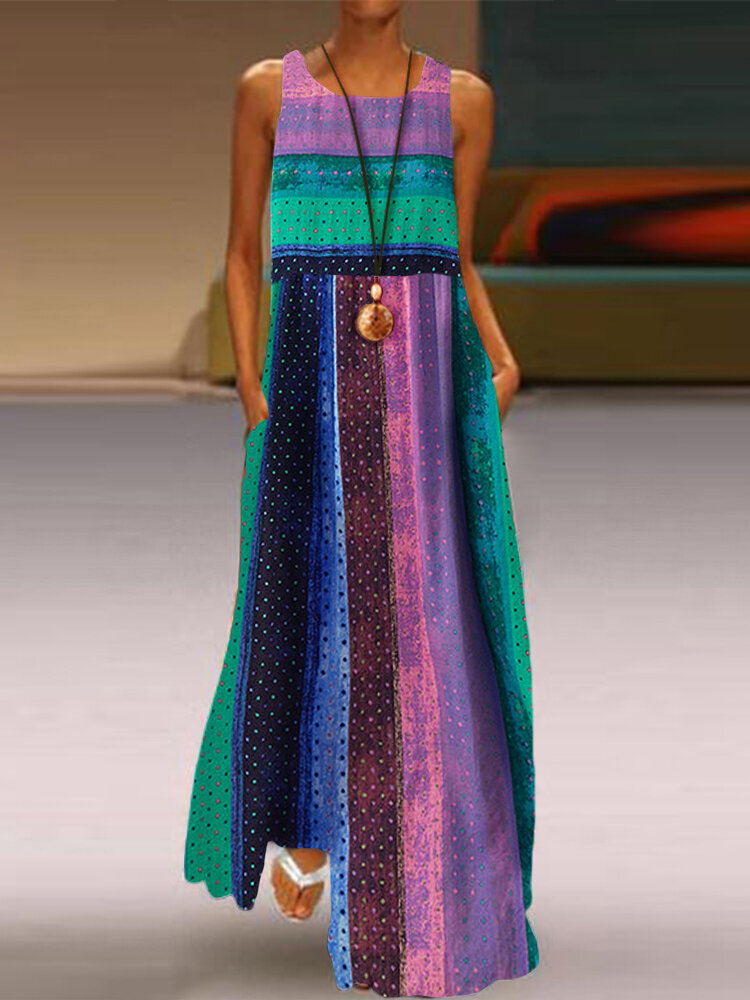 Bohemian Striped Polka Dot Print Sleeveless Plus Size Maxi Dress