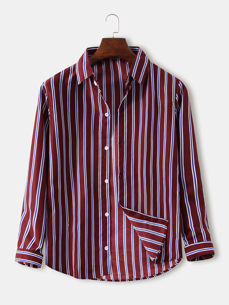 Mens Vertical Stripes Print Lapel Button Up Long Sleeve Curved Hem Shirts
