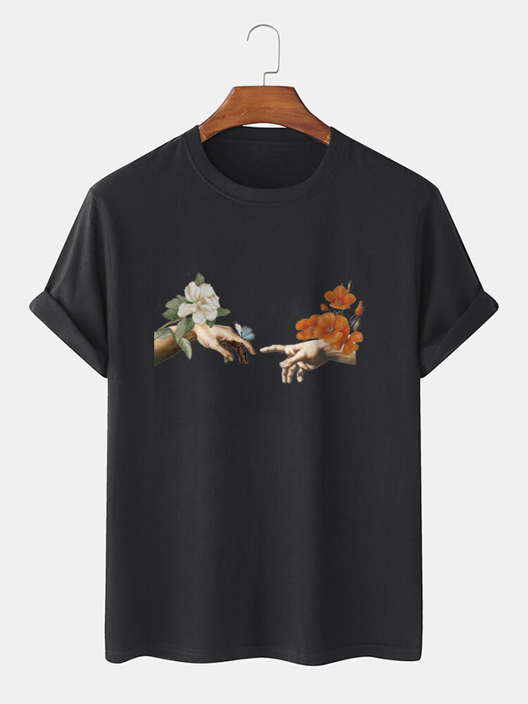 Mens 100% Cotton Flower Gesture Print Short Sleeve T-Shirt