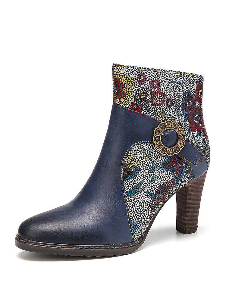 SOCOFY Elegant Flowers Printed Splicing Cowhide Leather Buckle Decor High Heel Short Boots
