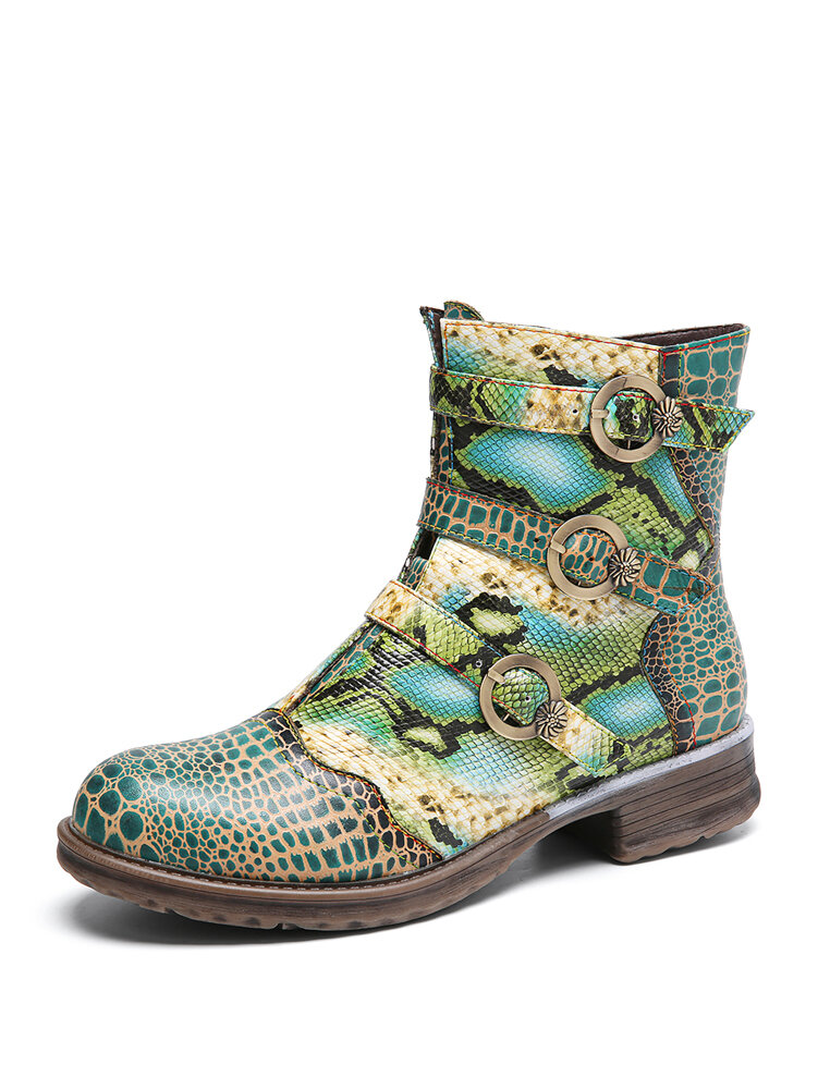 SOCOFY Serpentine Printed Leather Buckle Strap Decor Comfy Wearable Block Heel Ankle Boots