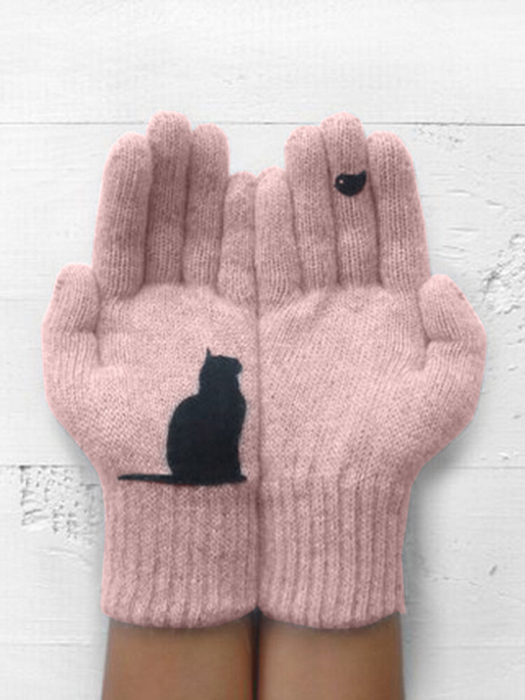 Women's Wool Gloves Autumn Winter Outdoor Warm Cold Padded Cat Bird Print Gloves