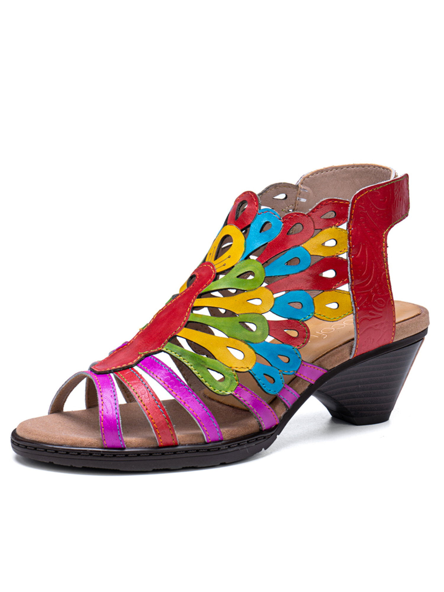 Socofy Genuine Leather Comfy Summer Vacation Bohemian Ethnic Colorblock Heeled Sandals