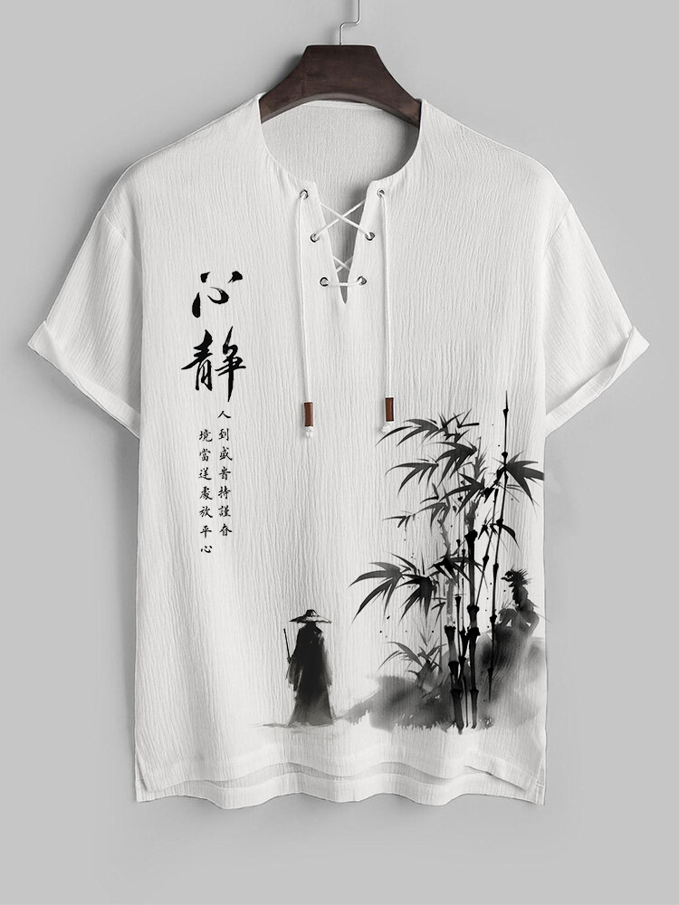 Mens Chinese Ink Painting Lace Up High Low Hem Texture T Shirts