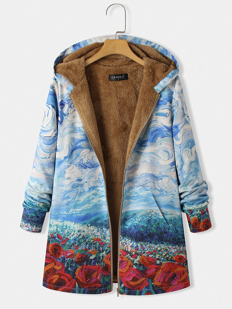 Landscape Prints Long Sleevs Hooded Zipper Casual Warm Coats For Women
