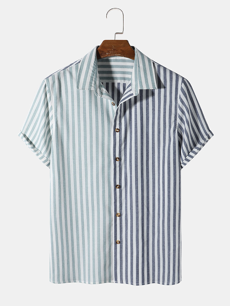 Designer Mens Contrast Stripe Patchwork 100% Cotton Casual Short Sleeve Shirts