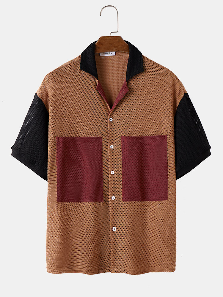 Camicie da uomo a maniche corte in maglia con collo a risvolto patchwork tasca grande