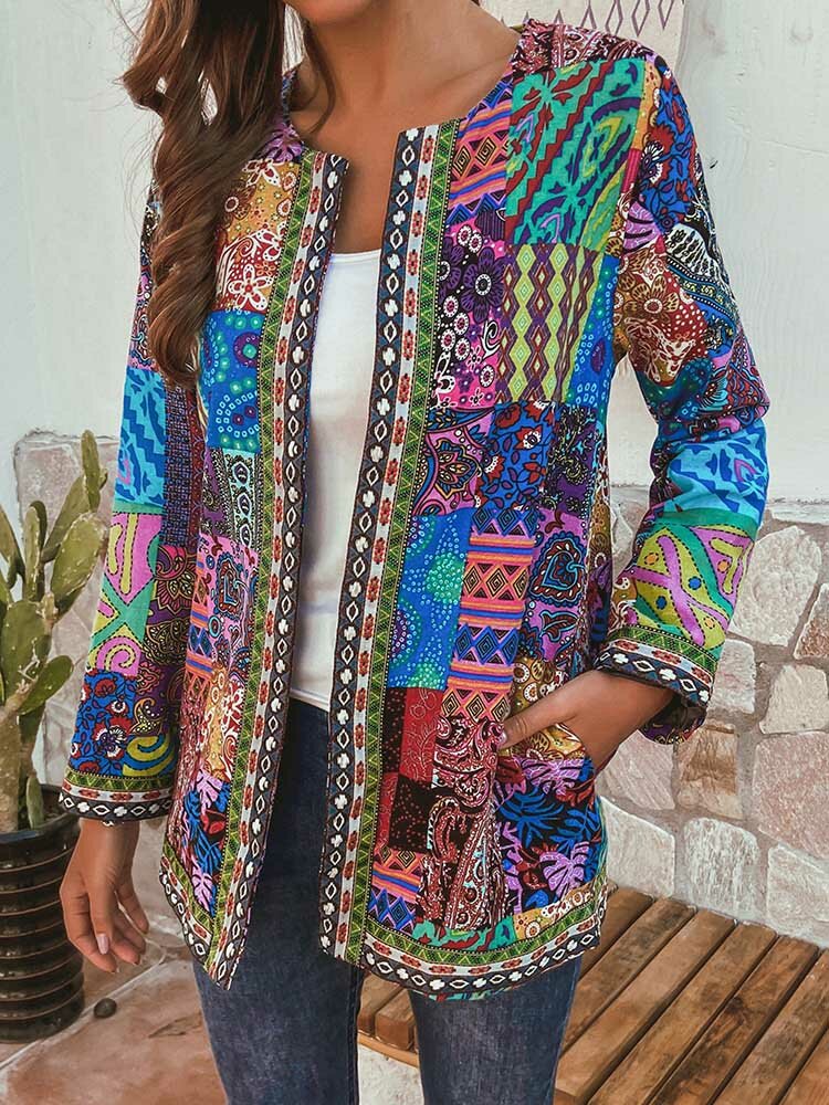Jaquetas de algodão com estampa floral estilo étnico vintage Plus