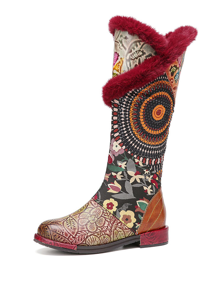 SOCOFY Bohemia Terry Embroidery Floral Genuine Leather Warmed Lined Mid-calf Boots
