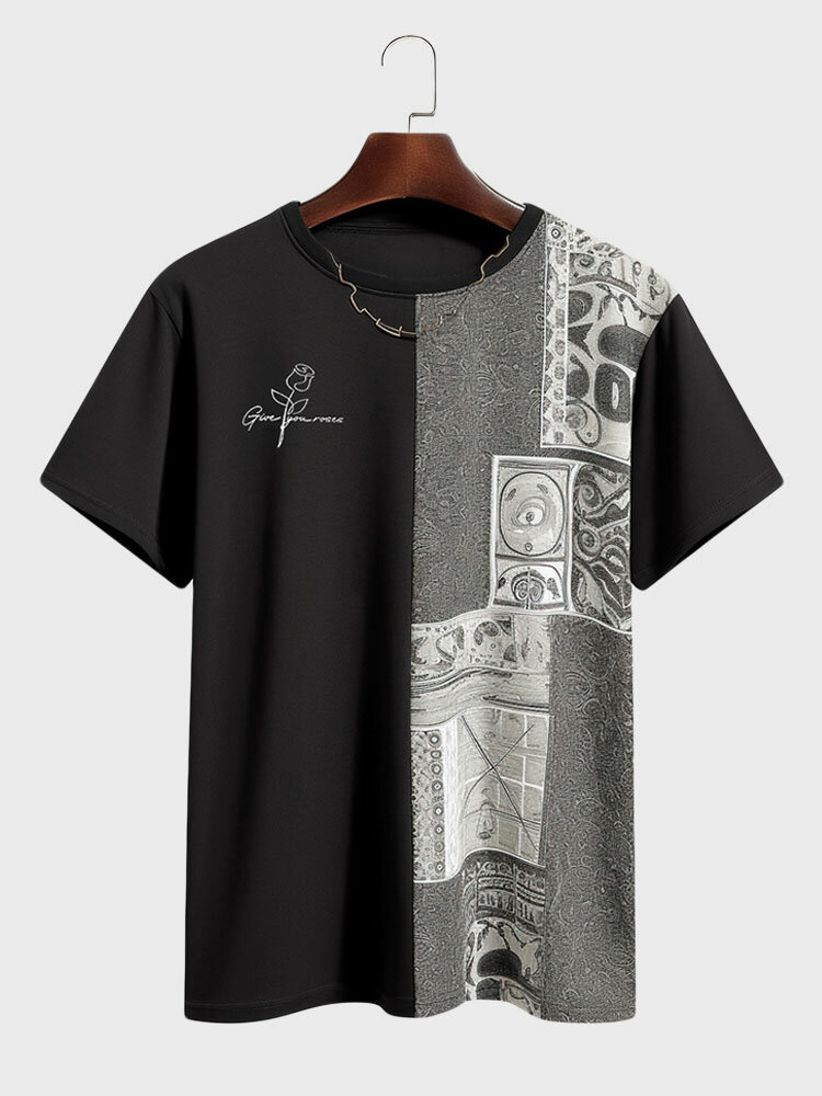 Herren-T-Shirts mit Rosen-Stammesmuster und Patchwork-Ethno-Kurzarm