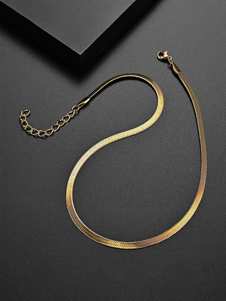 Trendy Simple Flat Snake Bone Chain Shape 18K Gold Plated Titanium Steel Necklace