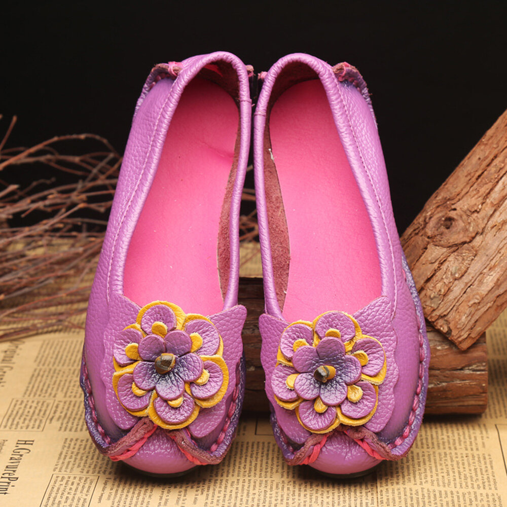 Women Casual Soft Handmade Floral Genuine Leather Flats