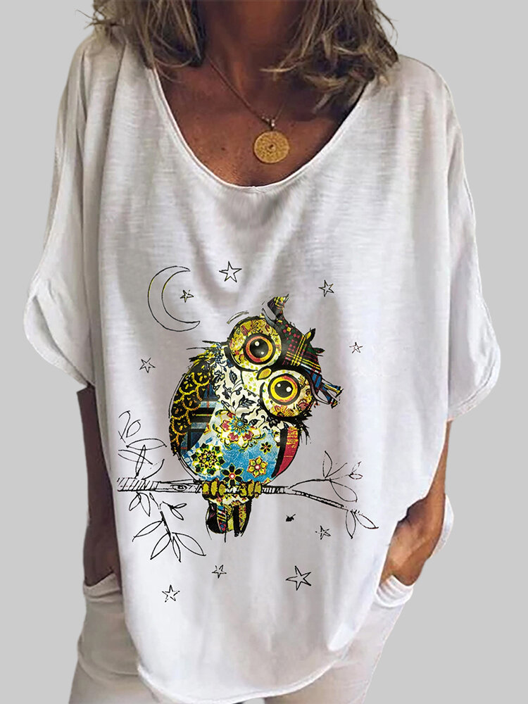 Cartoon Owl Print Half Sleeve O-neck Causal Blouse For Women