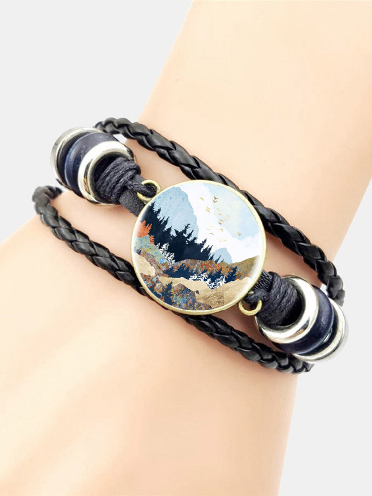 Bracelet multicouche en verre à imprimé paysage naturel rond en métal à la mode
